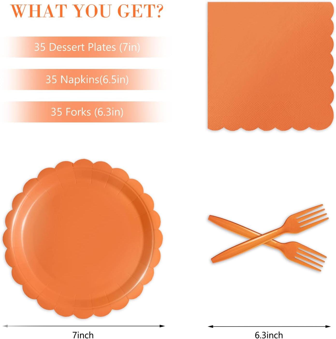 105pc Orange Scalloped Paper Plates, Napkins, Forks Set (Serves 35)