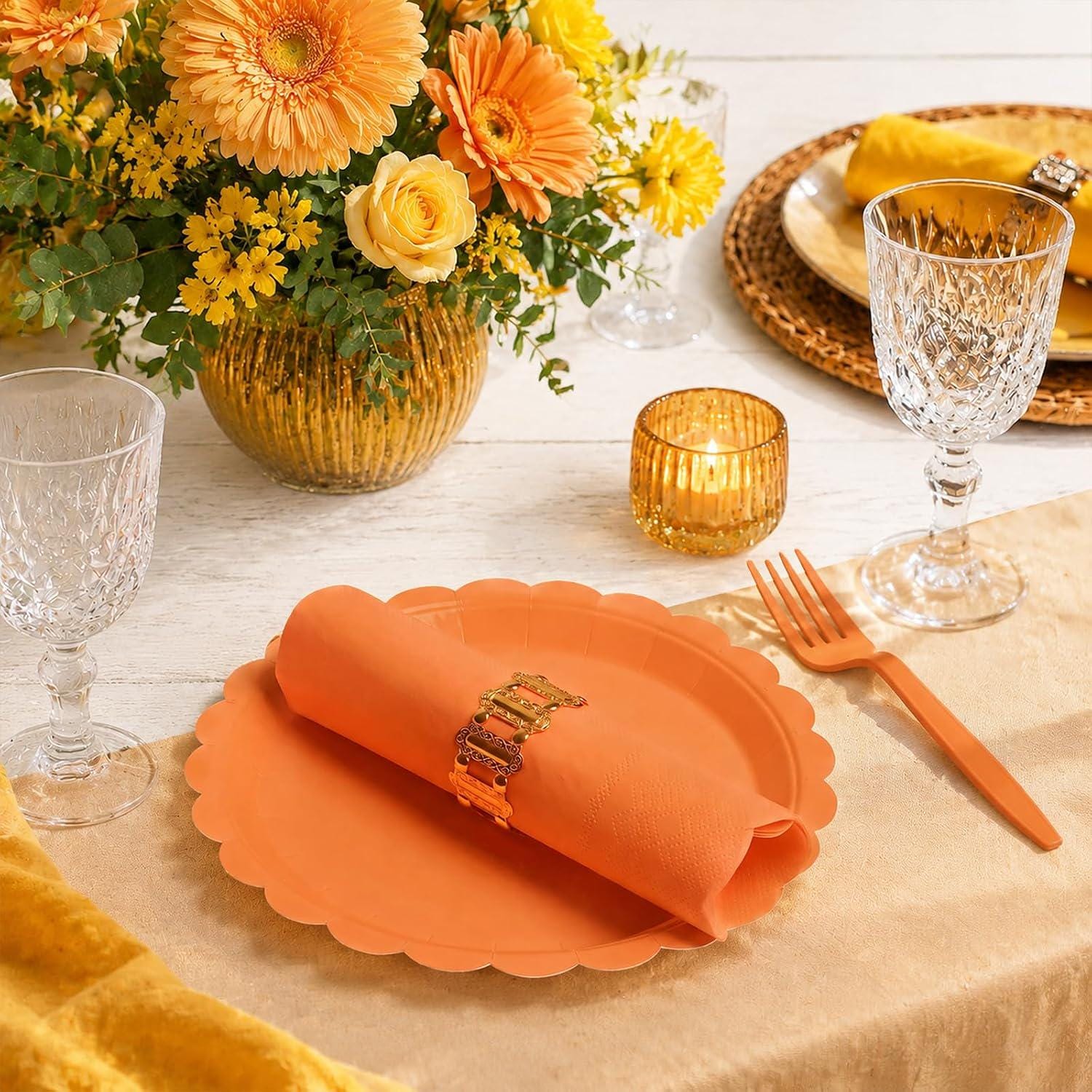 105pc Orange Scalloped Paper Plates, Napkins, Forks Set (Serves 35)