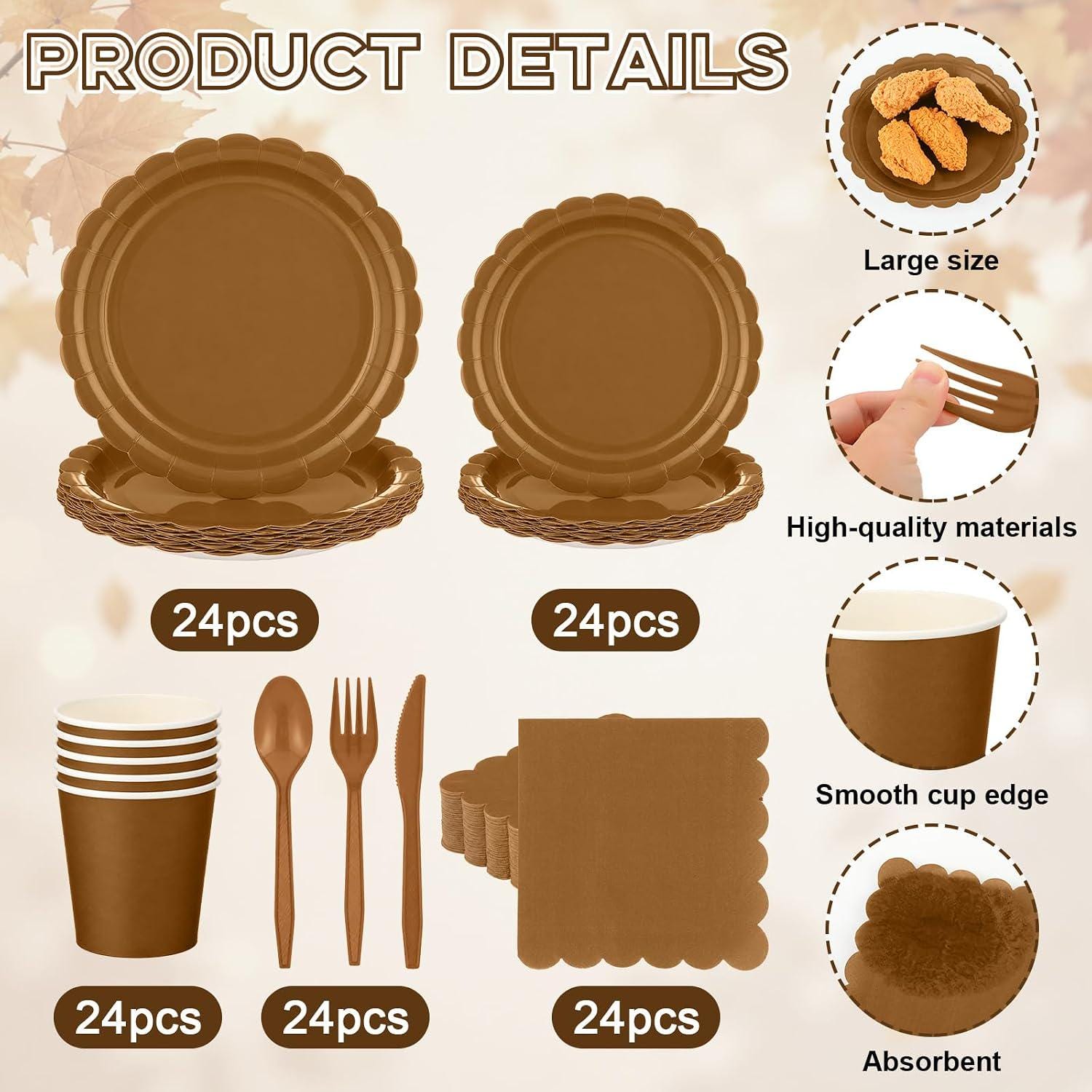 168pc Brown Fall Tableware Set, Scalloped Paper Plates, Cups, Napkins, Cutlery (Serves 24)