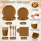 168pc Brown Fall Tableware Set, Scalloped Paper Plates, Cups, Napkins, Cutlery (Serves 24)