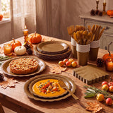 168pc Brown Fall Tableware Set, Scalloped Paper Plates, Cups, Napkins, Cutlery (Serves 24)