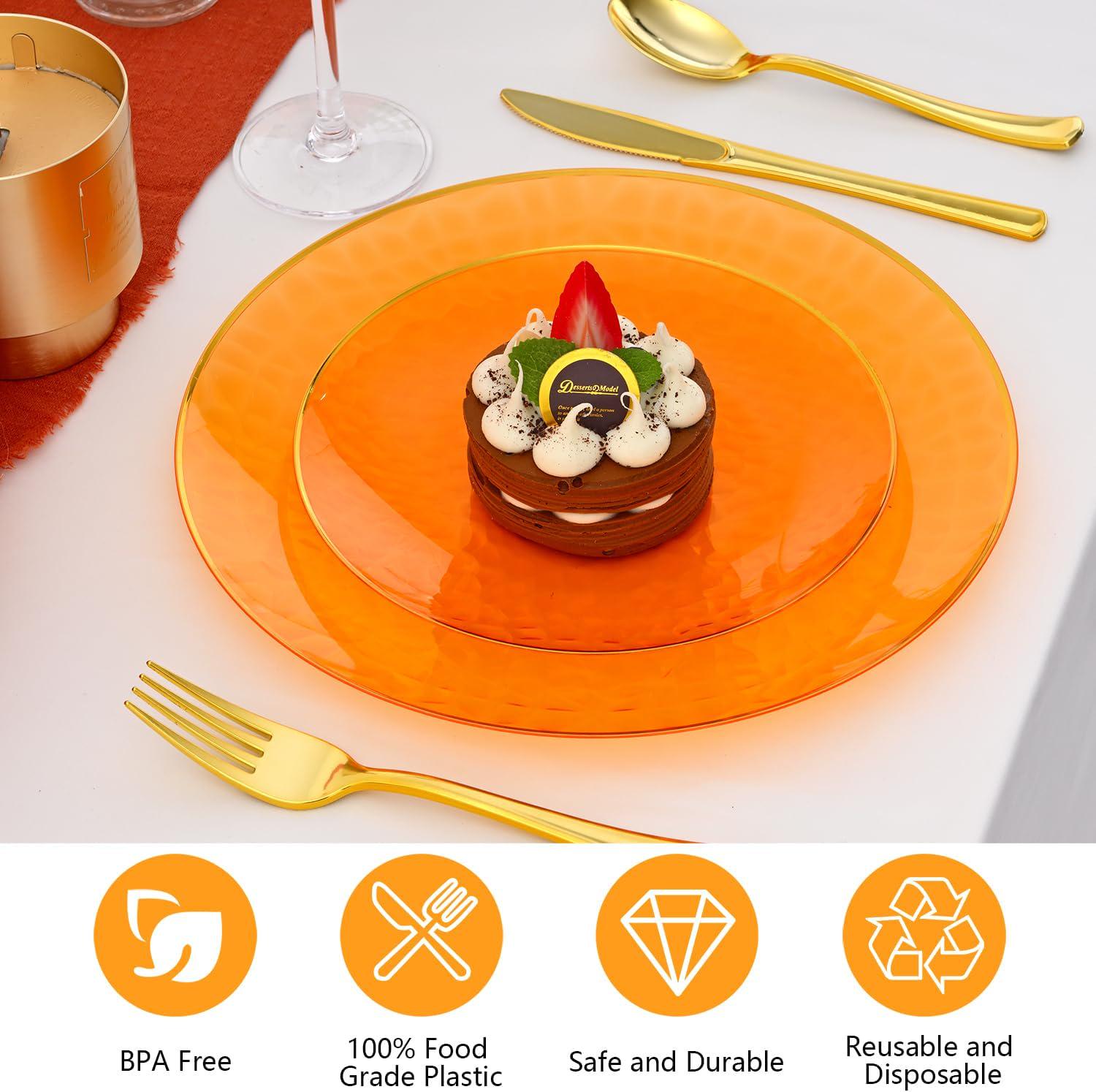 72pc Orange Hammered Plastic Plates with Gold Rim, Elegant Party Tableware (Serves 36)