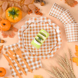 400pc Orange Gingham Tableware Set, Scalloped Plates, Cups, Napkins, Cutlery (Serves 50)