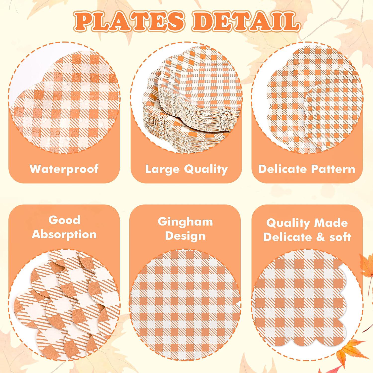 400pc Orange Gingham Tableware Set, Scalloped Plates, Cups, Napkins, Cutlery (Serves 50)