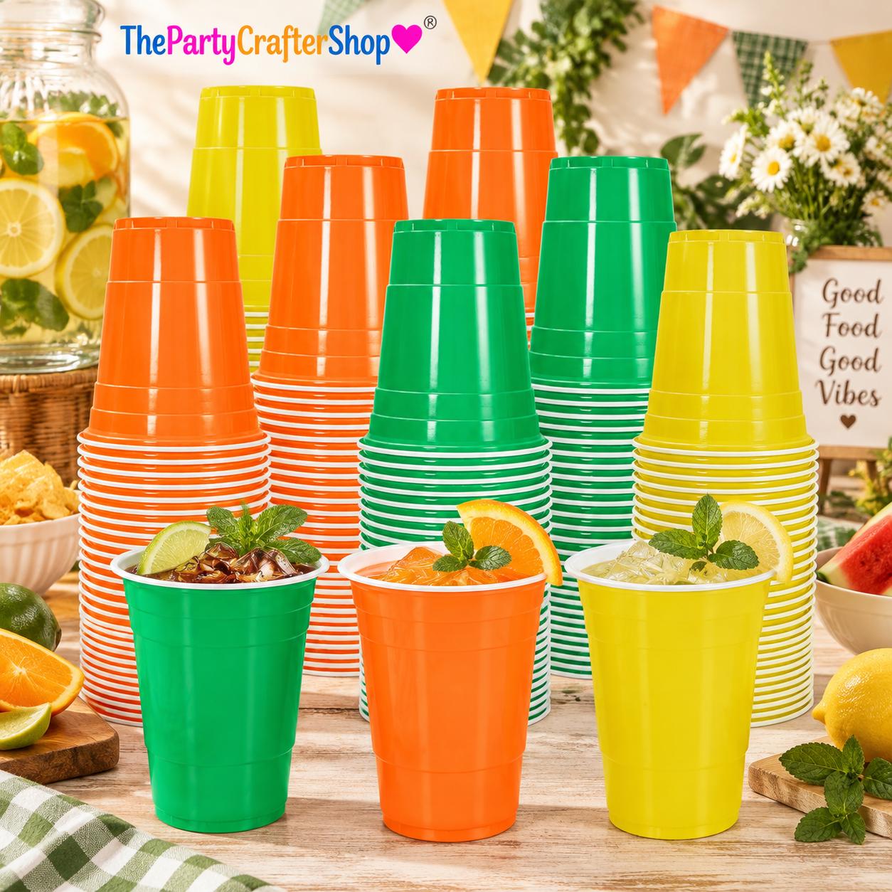 60pc Fall Color Plastic Cups, 16oz Autumn Harvest Tableware (Yellow, Orange, Green)