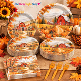 96pc Fall Landscape Tableware Set, Rustic Autumn Harvest Paper Plates & Napkins, Thanksgiving Party Supplies