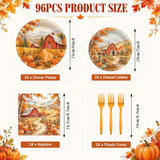 96pc Fall Landscape Tableware Set, Rustic Autumn Harvest Paper Plates & Napkins, Thanksgiving Party Supplies