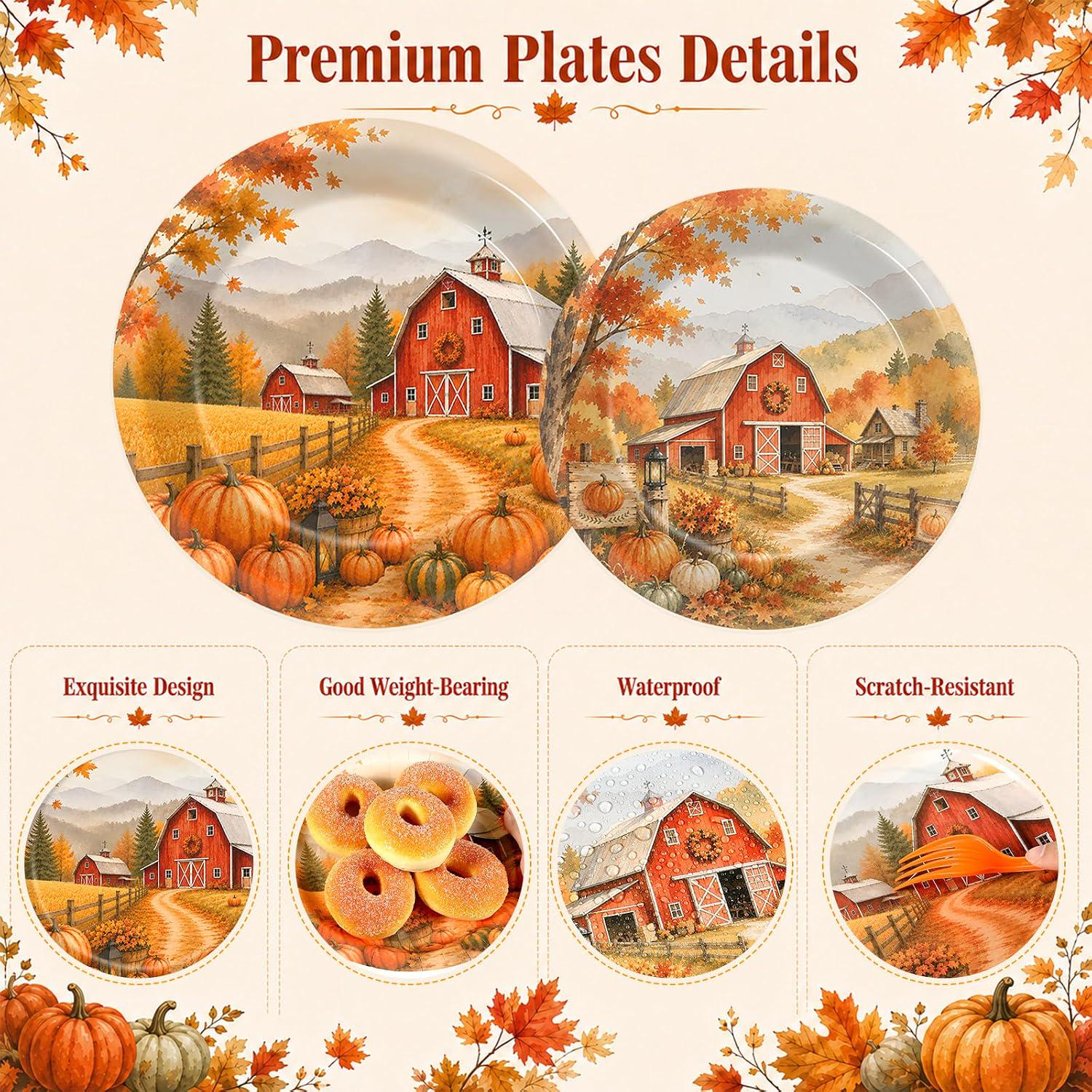 96pc Fall Landscape Tableware Set, Rustic Autumn Harvest Paper Plates & Napkins, Thanksgiving Party Supplies