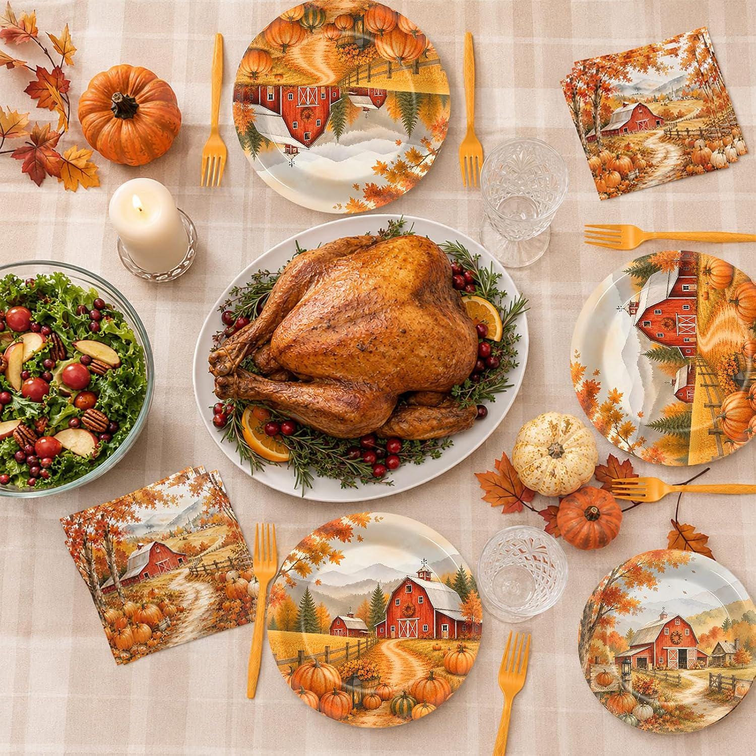 96pc Fall Landscape Tableware Set, Rustic Autumn Harvest Paper Plates & Napkins, Thanksgiving Party Supplies