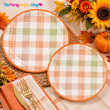 48pc Orange Gingham Fall Plates Set, 9 & 7 Inch Plaid Paper Plates (Thanksgiving Harvest Tableware)