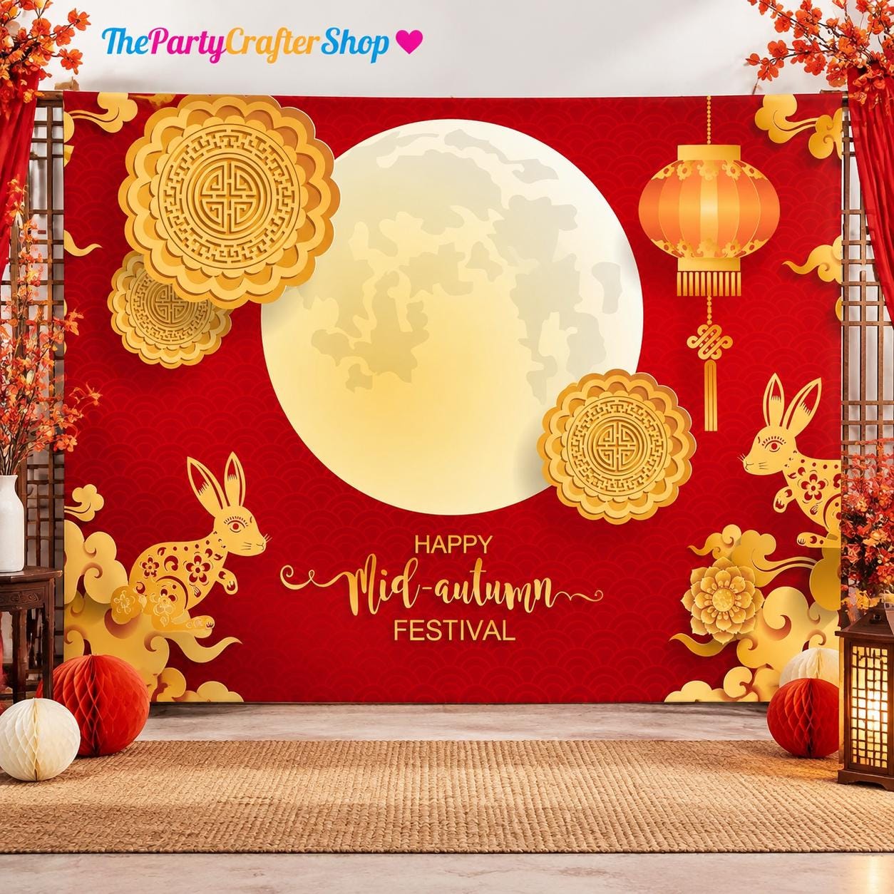 Mid-Autumn Festival Backdrop, Full Moon, Red Lantern, Rabbit Family Photo Prop (8x6FT)