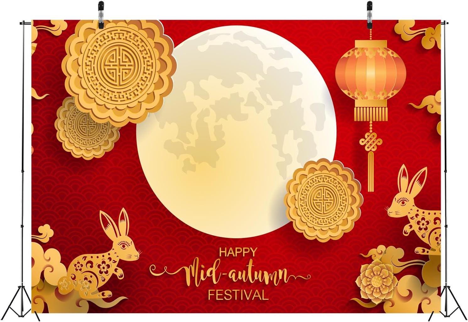 Mid-Autumn Festival Backdrop, Full Moon, Red Lantern, Rabbit Family Photo Prop (8x6FT)