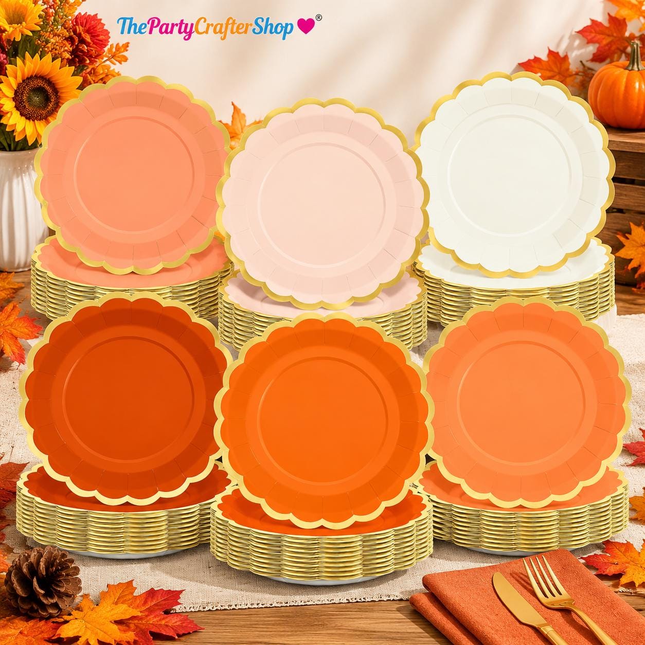 96pc Gradient Scalloped Paper Plates, Autumn Wedding Tableware (9 Inch)