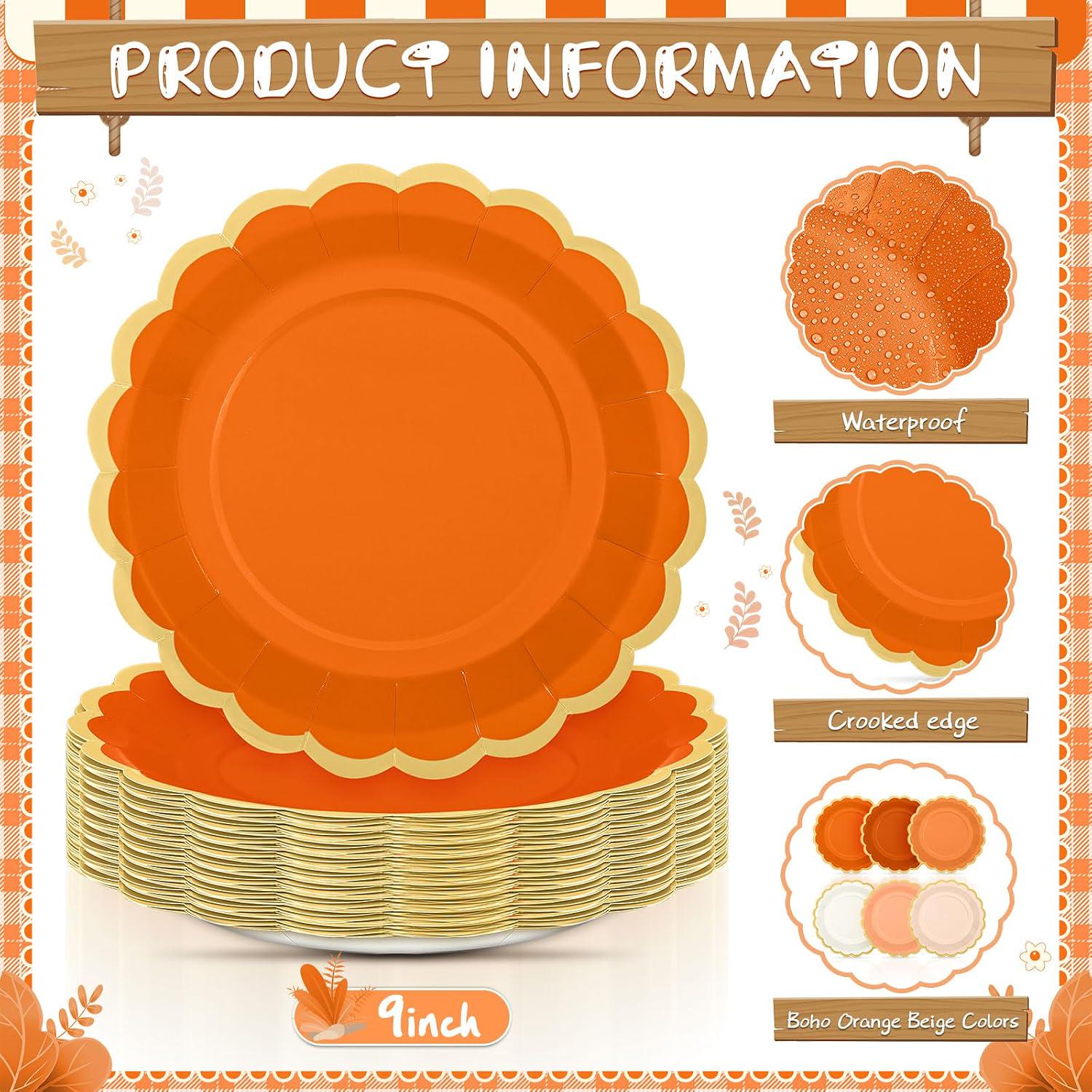 96pc Gradient Scalloped Paper Plates, Autumn Wedding Tableware (9 Inch)