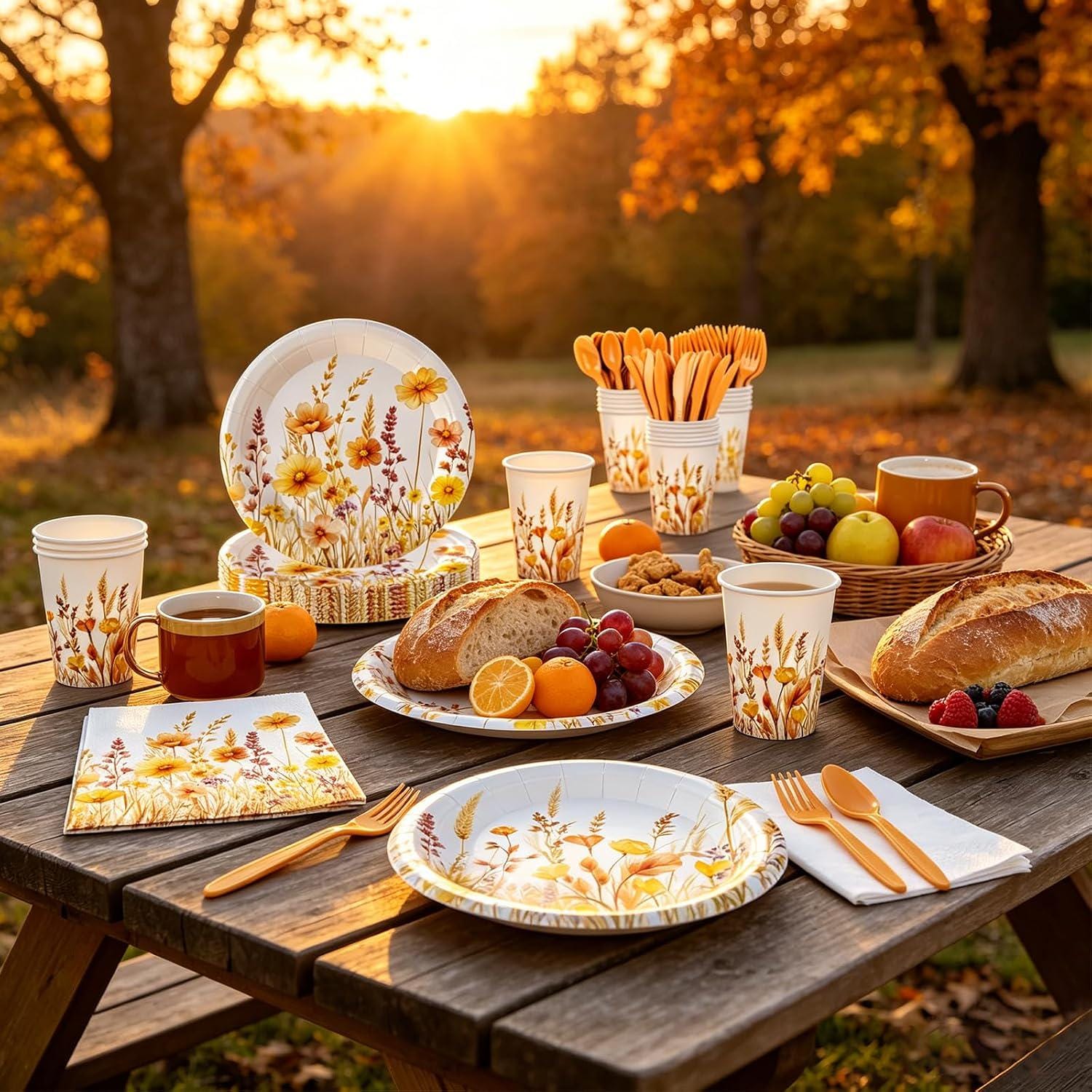140pc Watercolor Wildflower Tableware Set, Autumn Harvest Party Decor (Serves 20)
