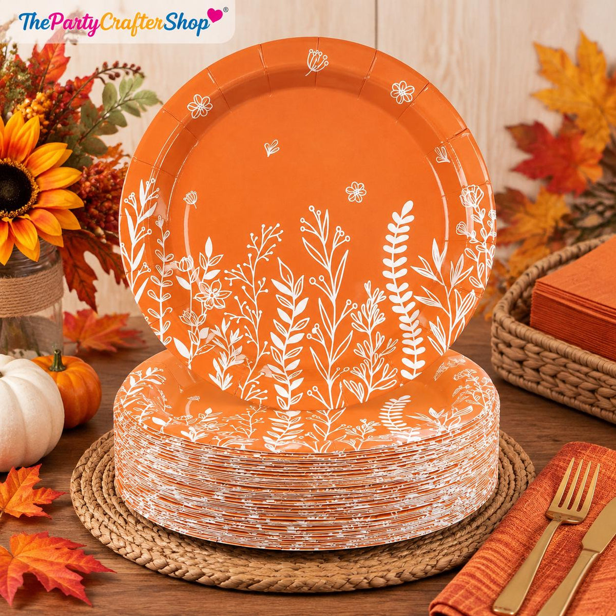 50pc Fall Wildflower Paper Plates, Orange White Floral Dessert Tableware (9 Inch)