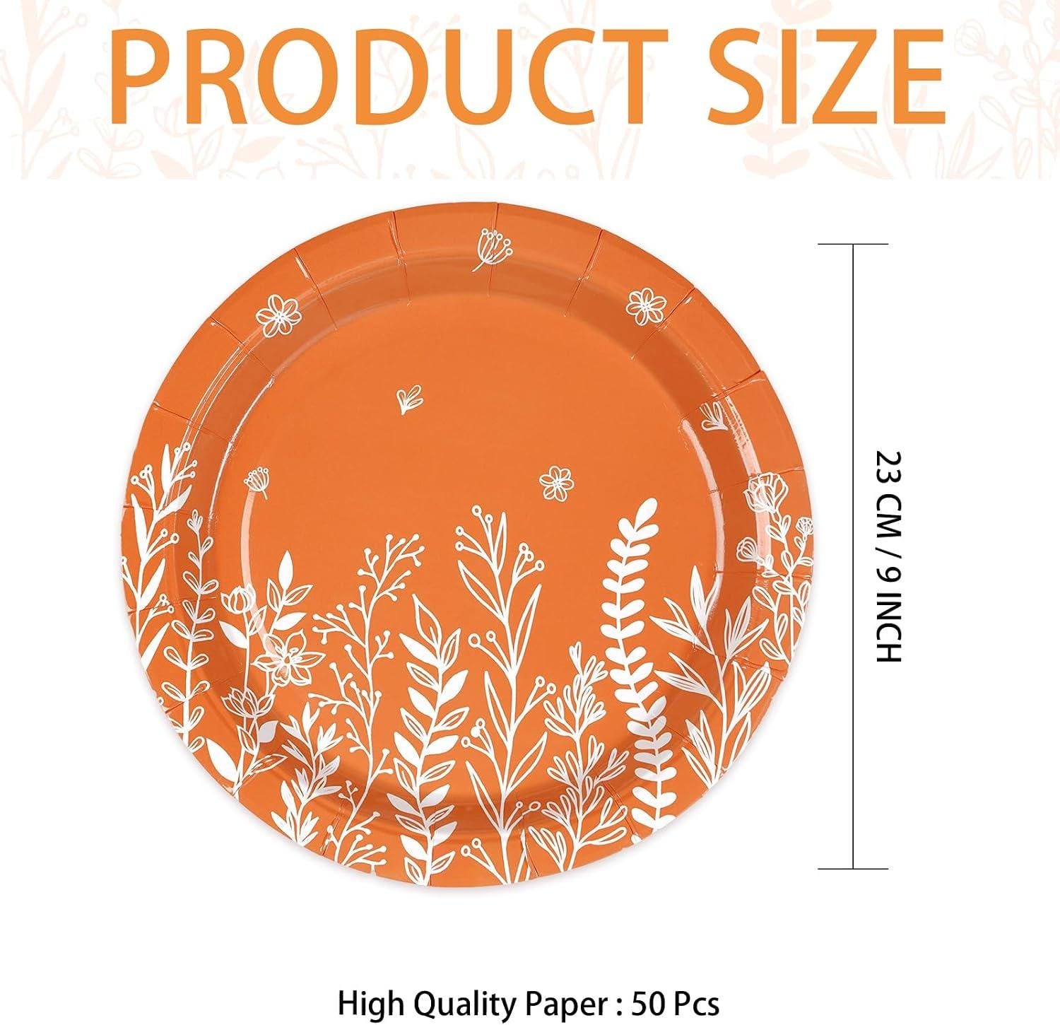 50pc Fall Wildflower Paper Plates, Orange White Floral Dessert Tableware (9 Inch)