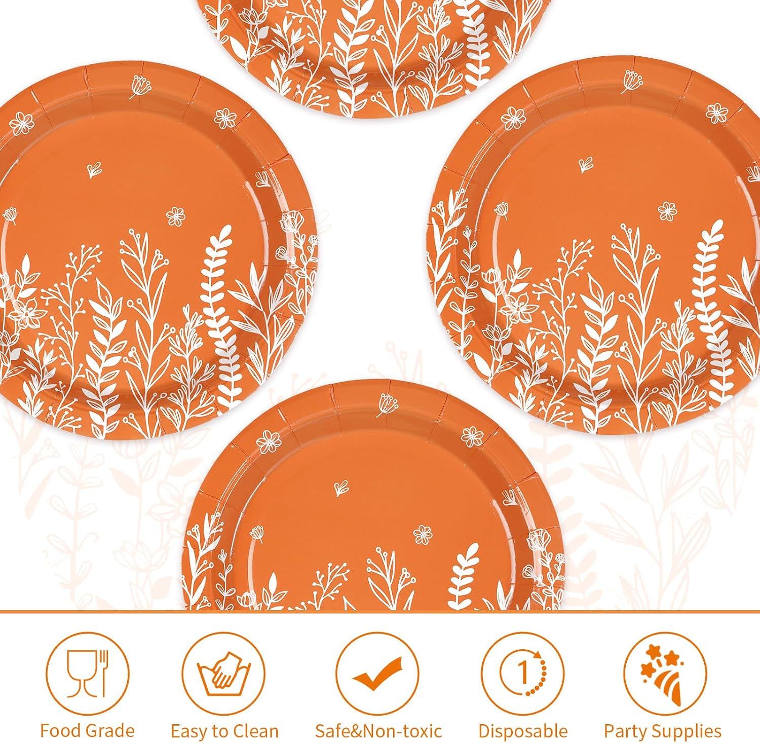 50pc Fall Wildflower Paper Plates, Orange White Floral Dessert Tableware (9 Inch)