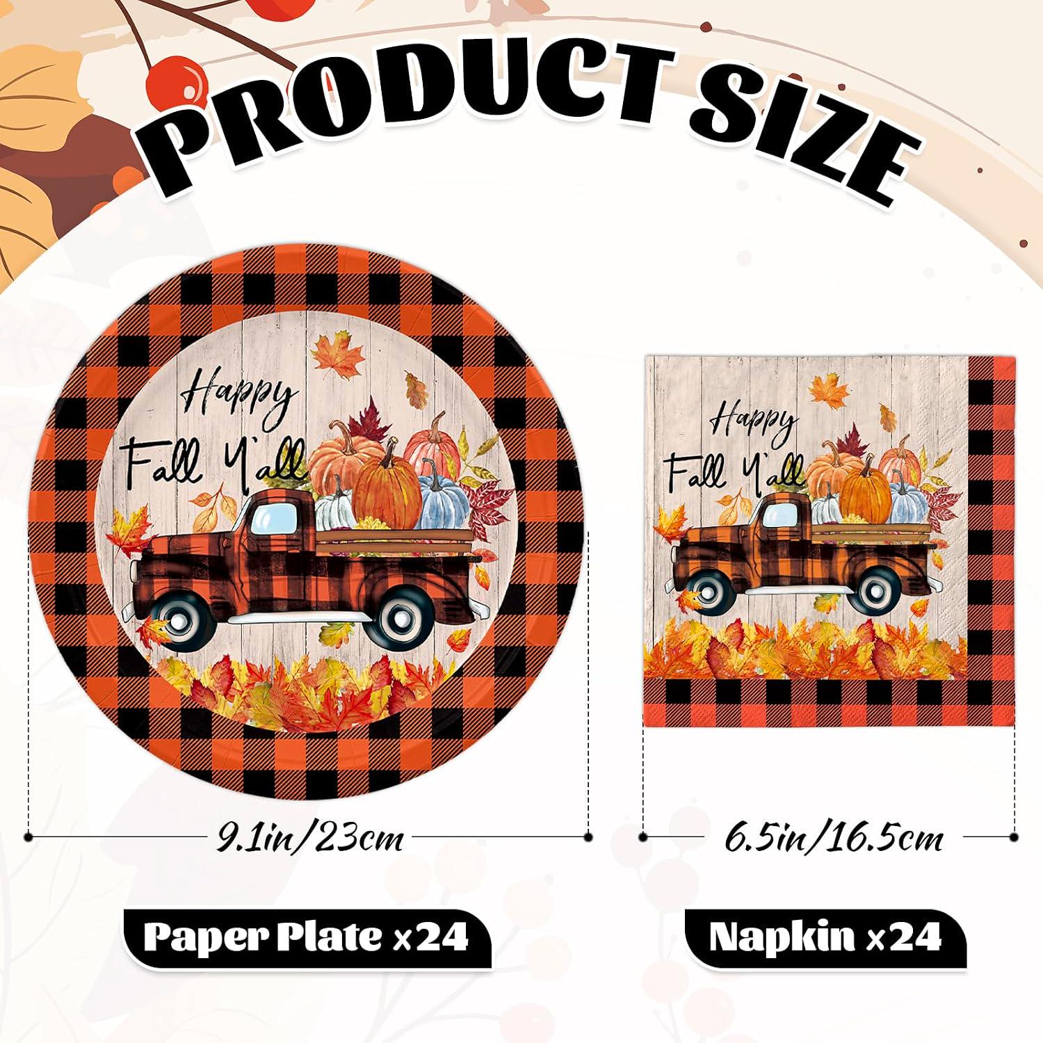 48pc Fall Tableware Set, Buffalo Plaid Pumpkin Truck Plates & Napkins (Serves 24)