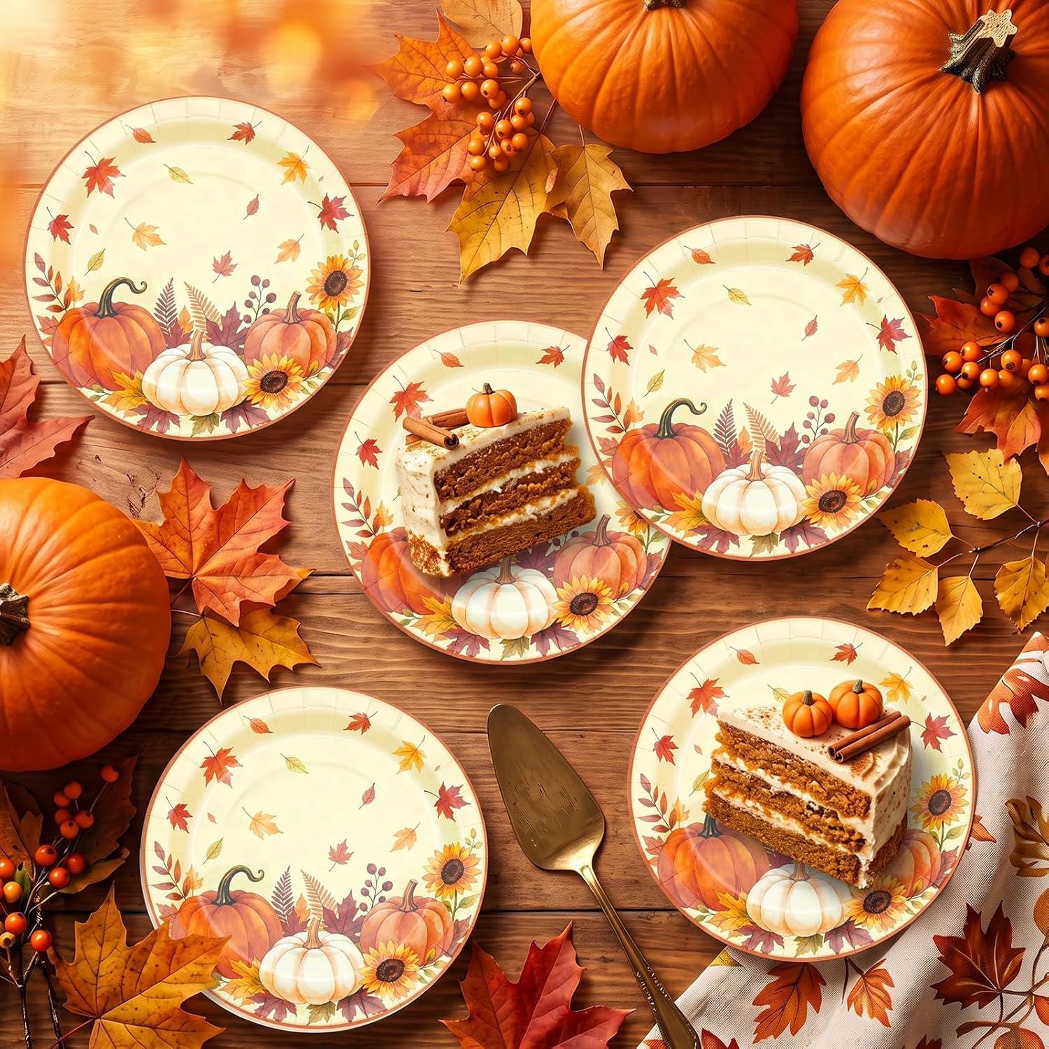 48pc Fall Pumpkin Paper Plates, 7 Inch Thanksgiving Dessert Tableware (Autumn Harvest)