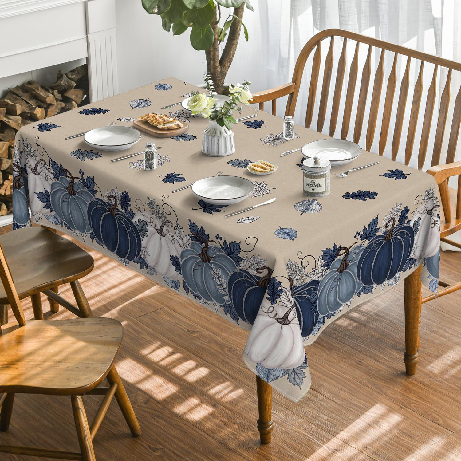 60x84 Inch Blue Pumpkin Fall Tablecloth, Washable Autumn Floral Decor
