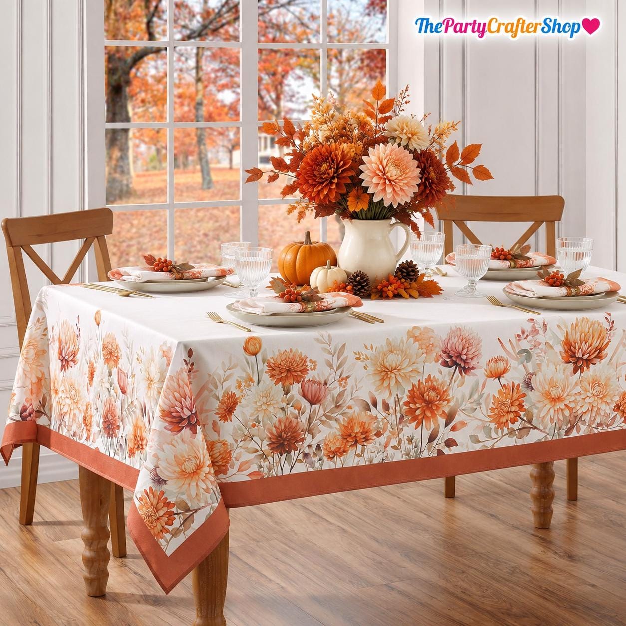 Autumn Floral Tablecloth, 60x120 Inch, Harvest Party Decor (100% Polyester)