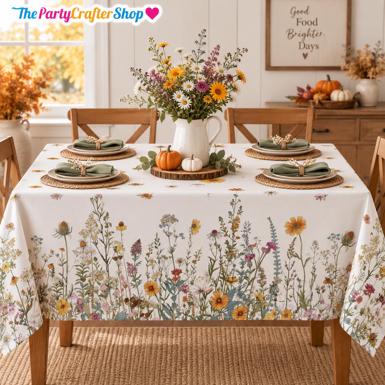 Floral Autumn Tablecloth, 52x70 Inch Polyester, Washable Party Decor