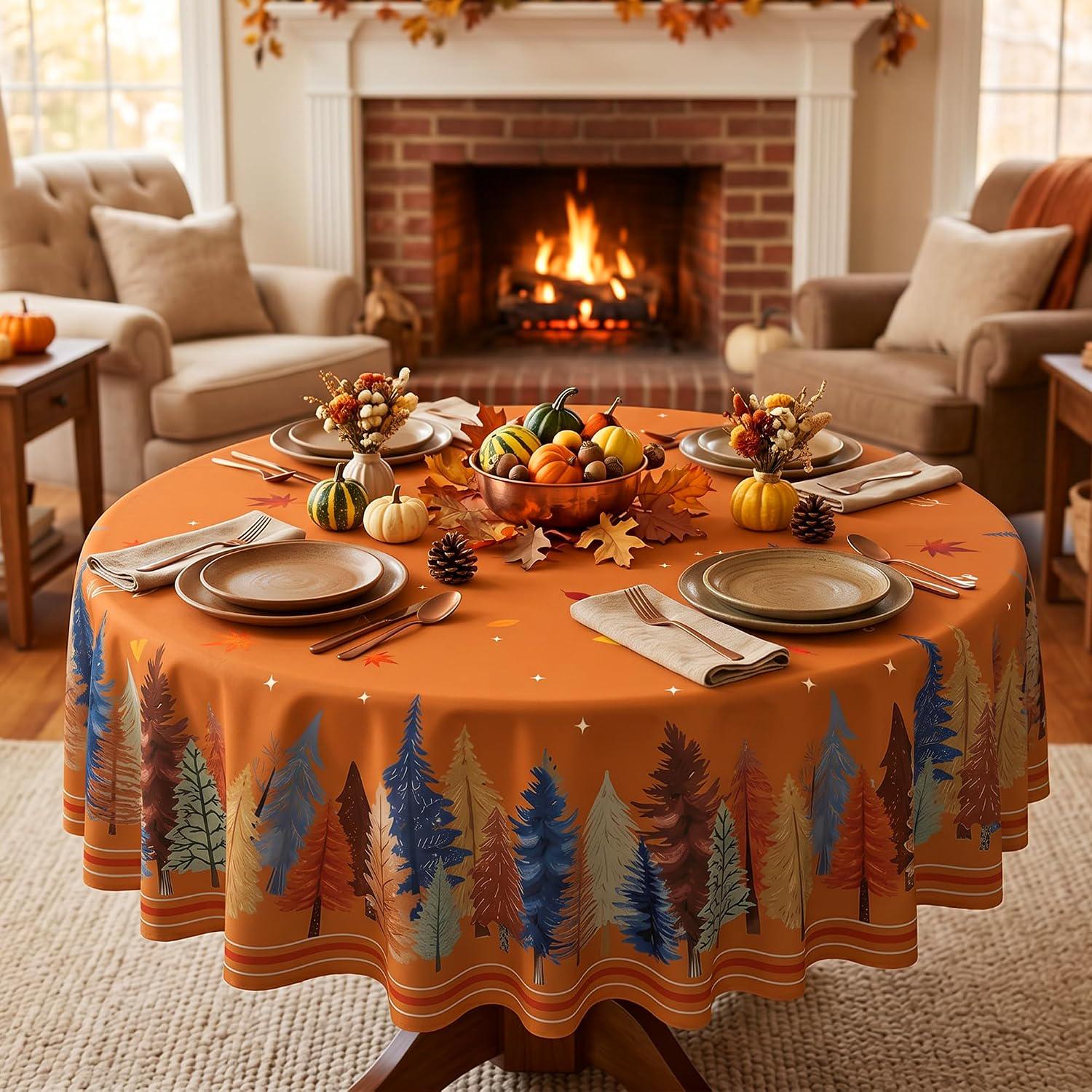 Fall Watercolor Tree Tablecloth, 60 Inch Round, Autumn Harvest Decor