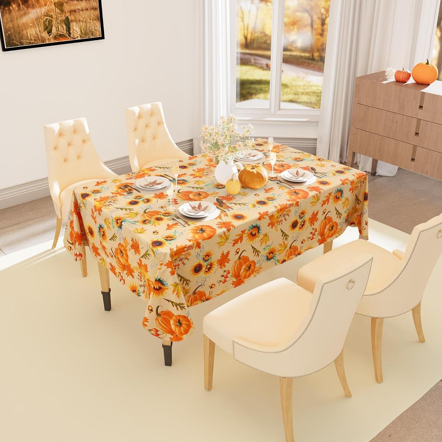 Thanksgiving Tablecloth, 60x84 Inch, Flannel Backed Vinyl, Autumn Harvest Decor