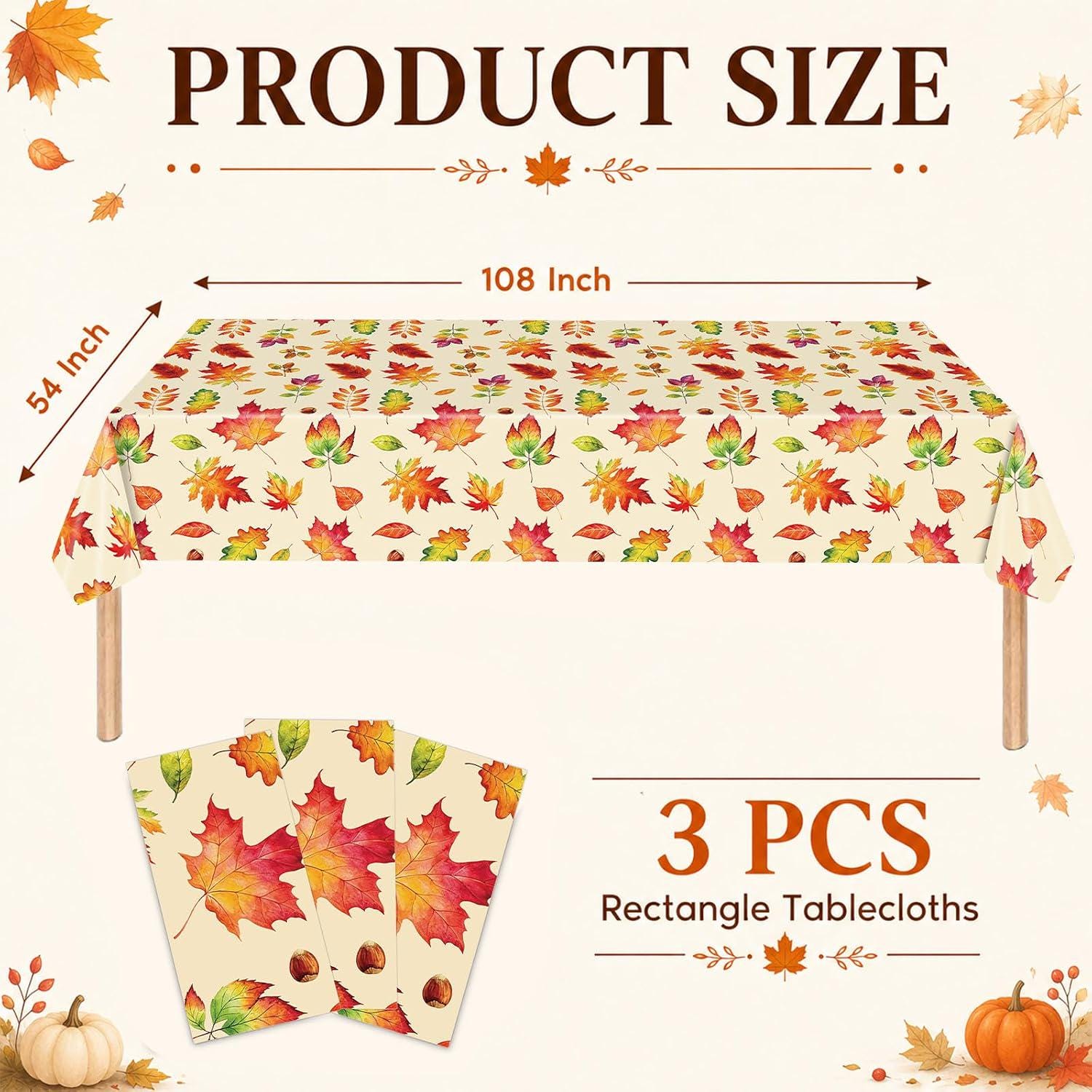 3pc Fall Maple Leaf Tablecloths, 54x108 Inch Disposable Rectangle Covers (Thanksgiving Party Decor)