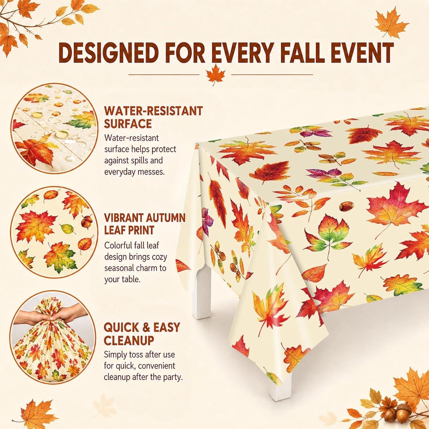 3pc Fall Maple Leaf Tablecloths, 54x108 Inch Disposable Rectangle Covers (Thanksgiving Party Decor)