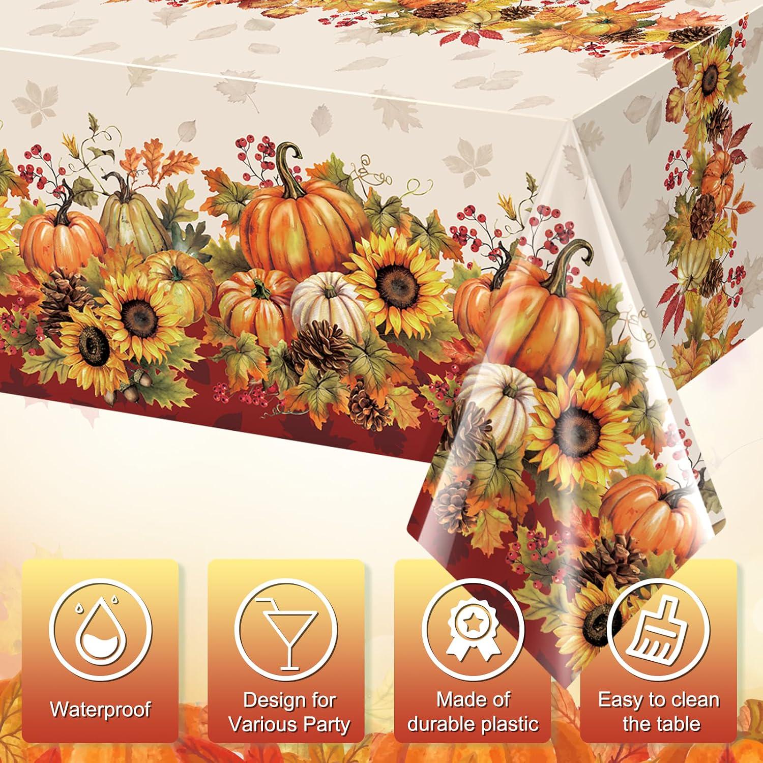 3pc Fall Sunflower Pumpkin Tablecloth Set, 108x54 Inch Disposable Covers (Harvest Party Decor)