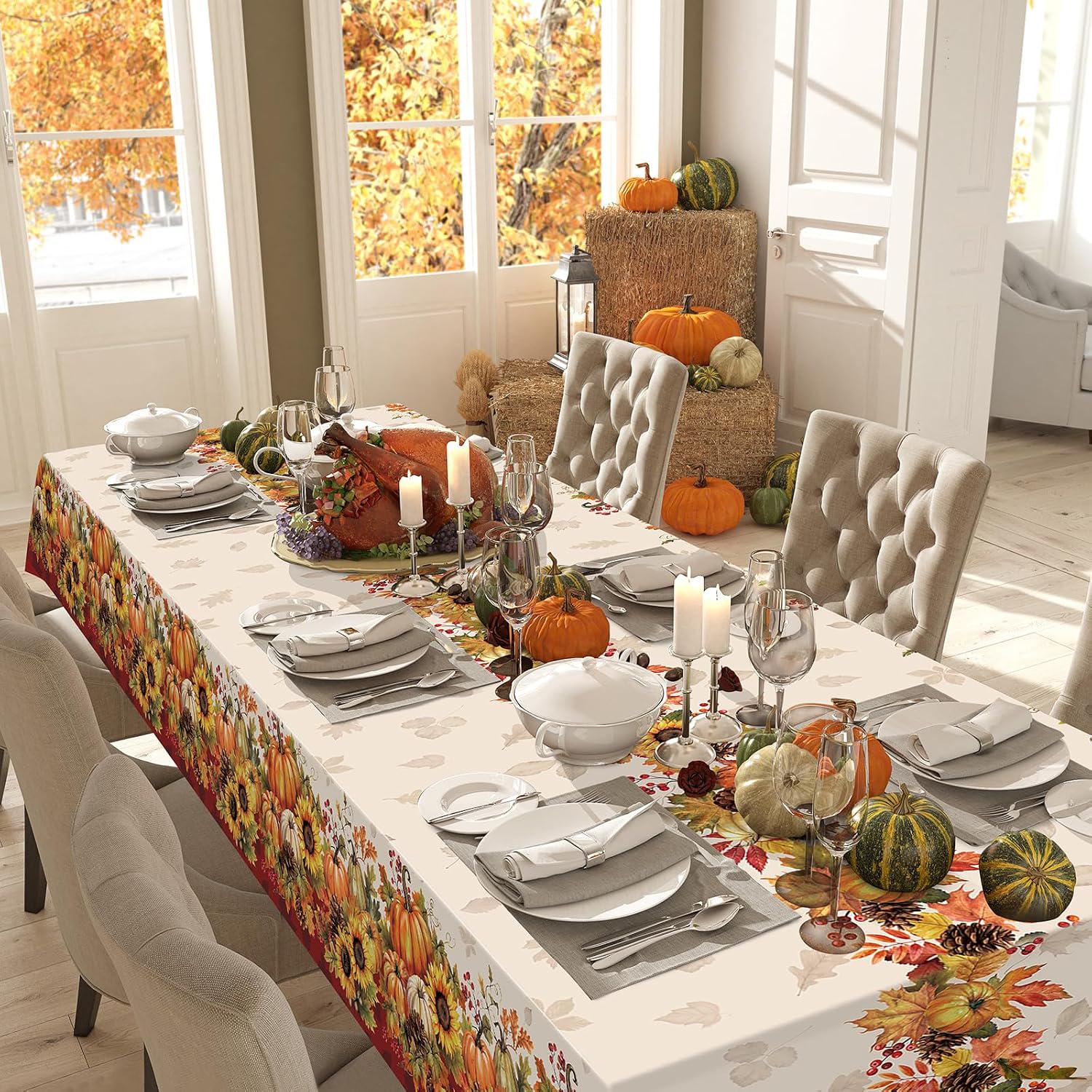 3pc Fall Sunflower Pumpkin Tablecloth Set, 108x54 Inch Disposable Covers (Harvest Party Decor)
