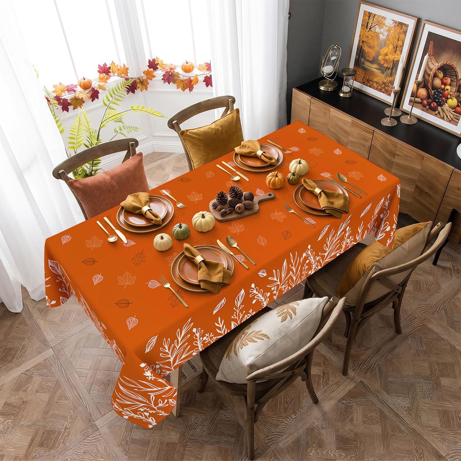 Orange Fall Floral Tablecloth, Washable Autumn Leaves Pattern (60x84 Inch)