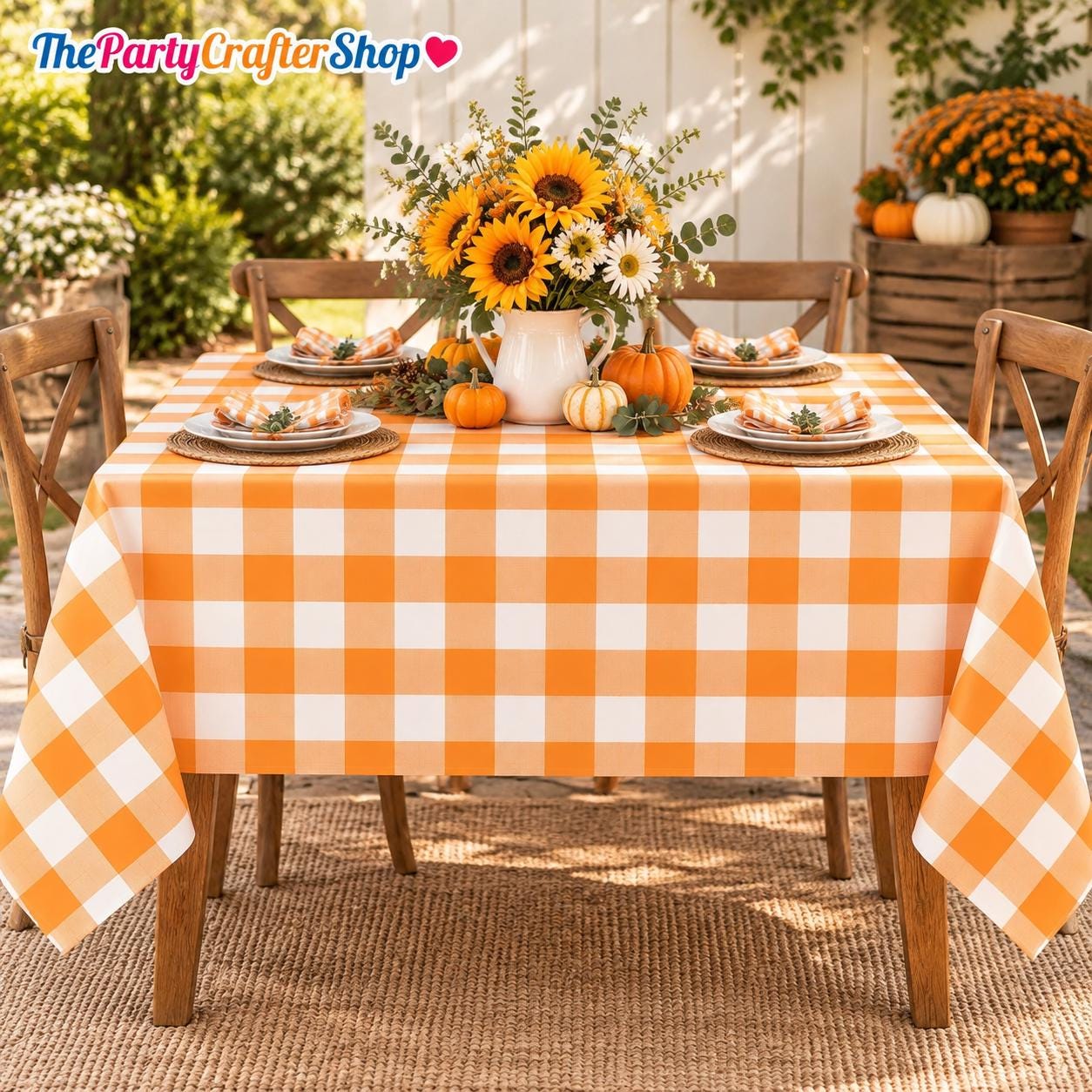 Orange Gingham Tablecloth Set, Waterproof PE Covers (54x108 Inch)