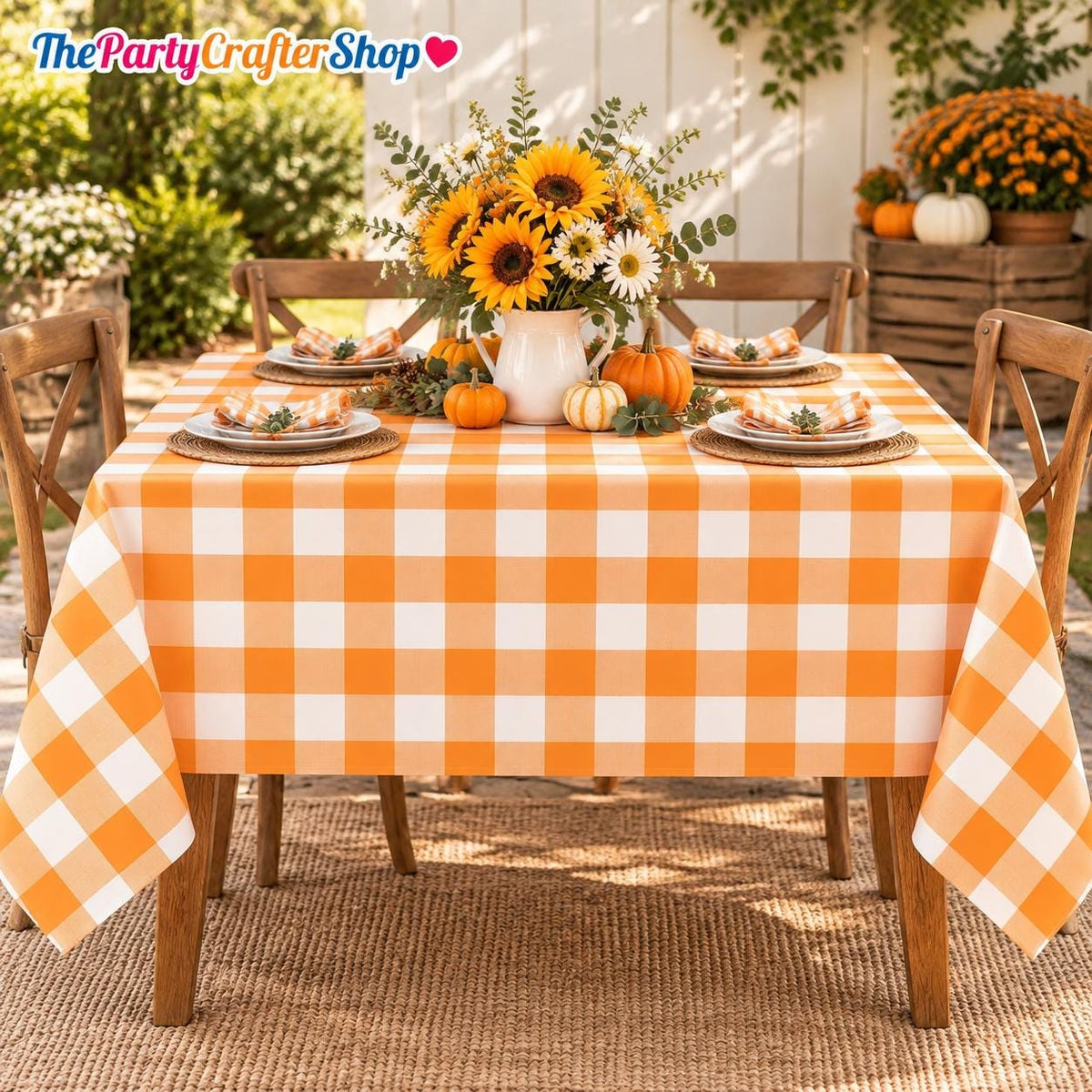 Orange Gingham Tablecloth Set, Waterproof PE Covers (54x108 Inch)