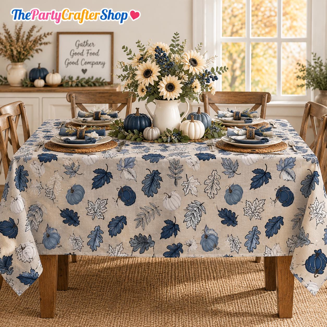 Blue Pumpkin Maple Leaf Tablecloth, Autumn Seasonal Party Decor (60x84 Inch)