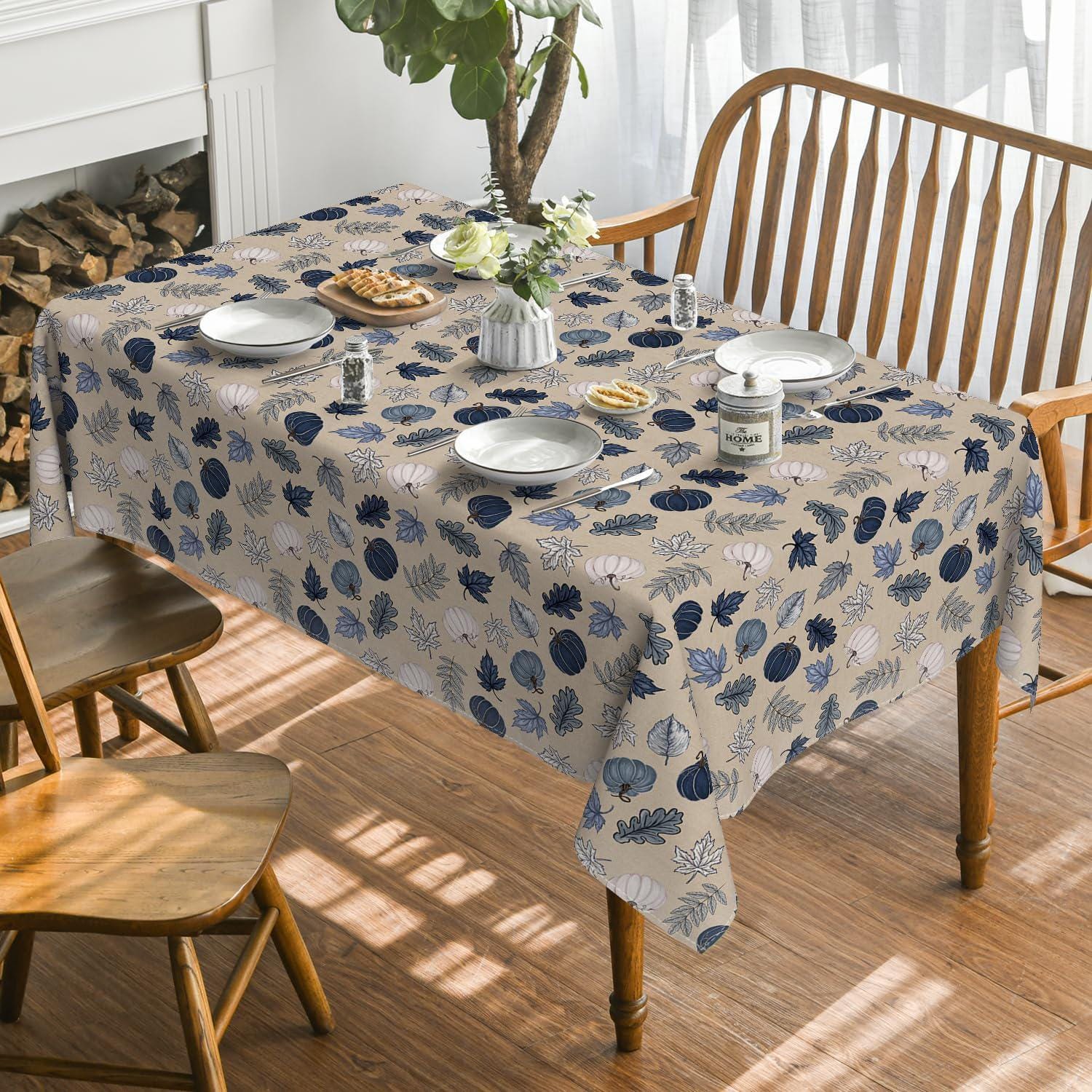 Blue Pumpkin Maple Leaf Tablecloth, Autumn Seasonal Party Decor (60x84 Inch)