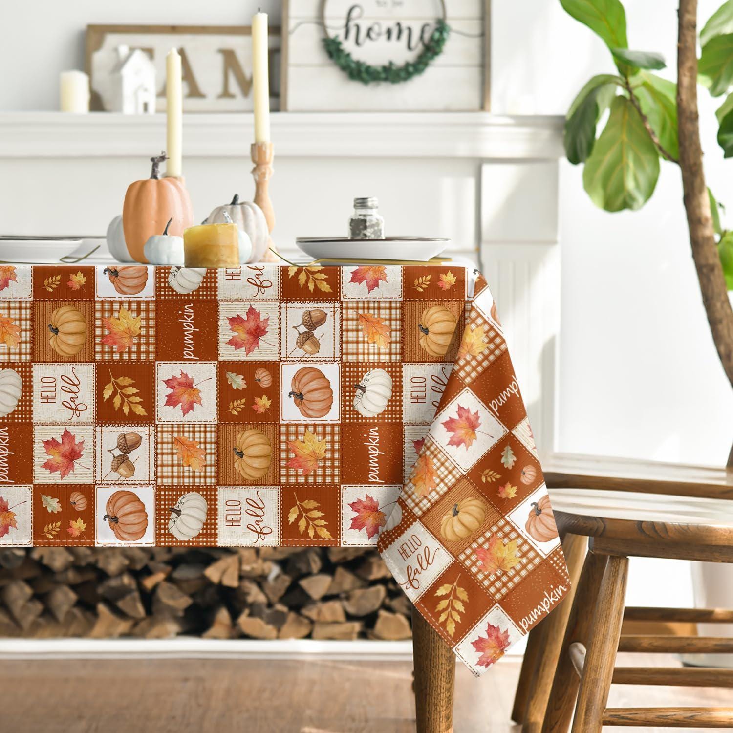Autumn Patchwork Tablecloth, Maple Leaf Pumpkin Design, Washable Polyester (52x70 Inch)