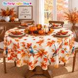 60 Inch Round Fall Tablecloth, Autumn Maple Leaf Bird Design, Polyester Fabric