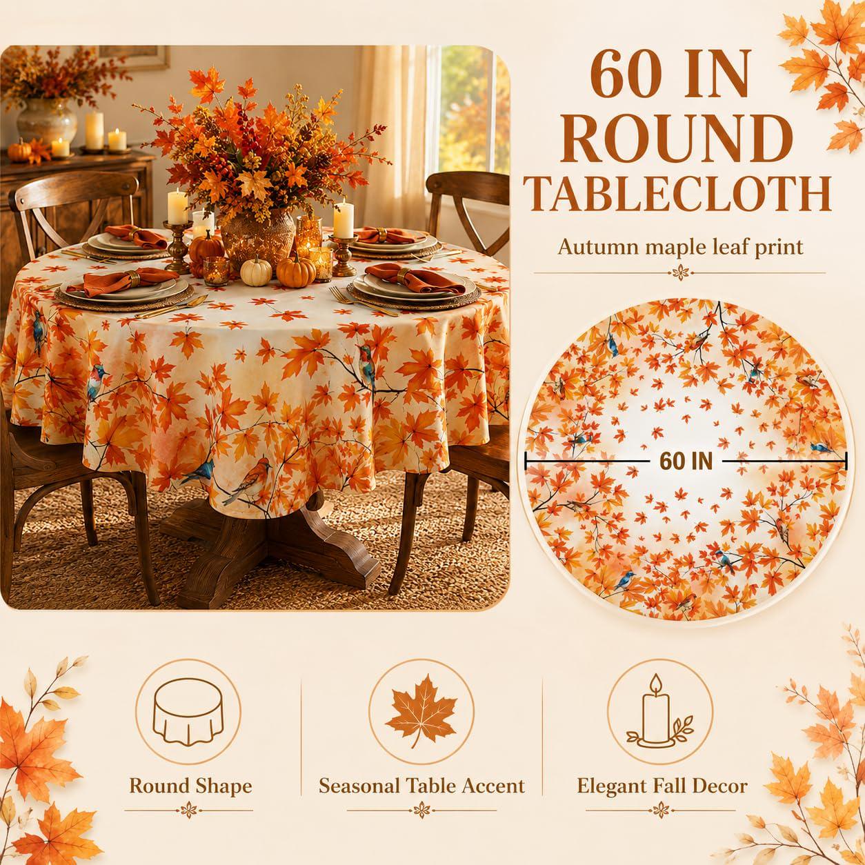60 Inch Round Fall Tablecloth, Autumn Maple Leaf Bird Design, Polyester Fabric