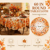 60 Inch Round Fall Tablecloth, Autumn Maple Leaf Bird Design, Polyester Fabric