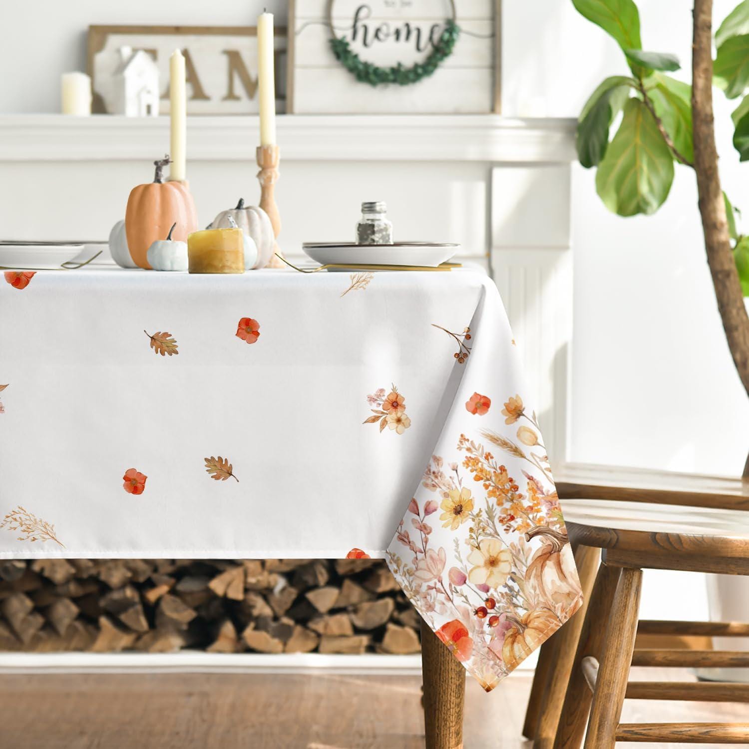 Watercolor Autumn Tablecloth, Floral Pumpkin Maple Leaf Design (60x84 Inch)