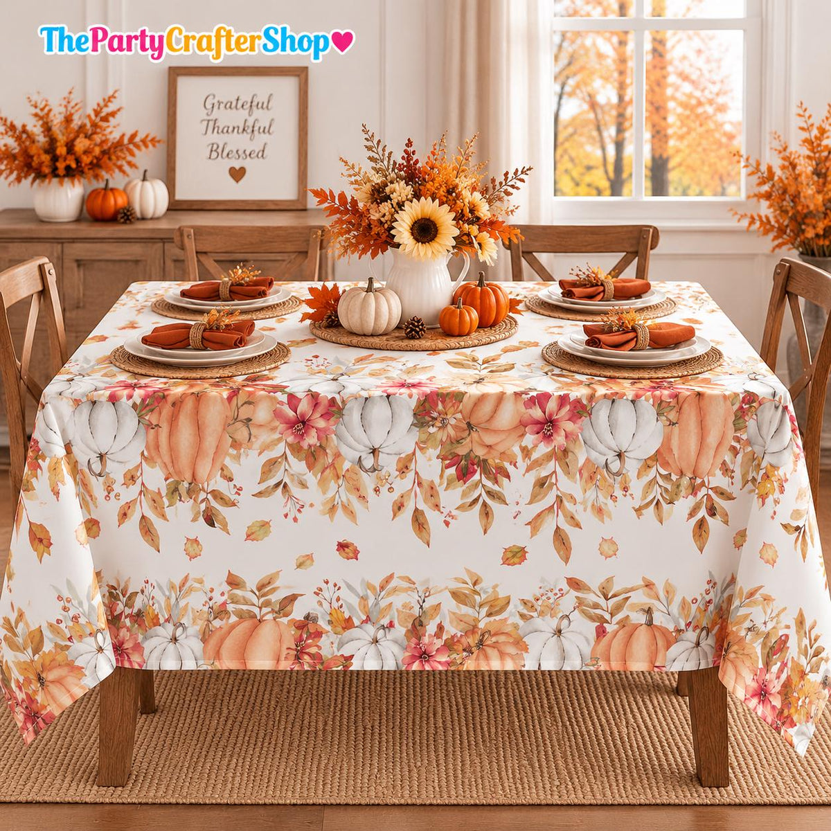 Autumn Floral Tablecloth, Pumpkin Maple Leaf Design, 60x84 Inch Polyester Cover