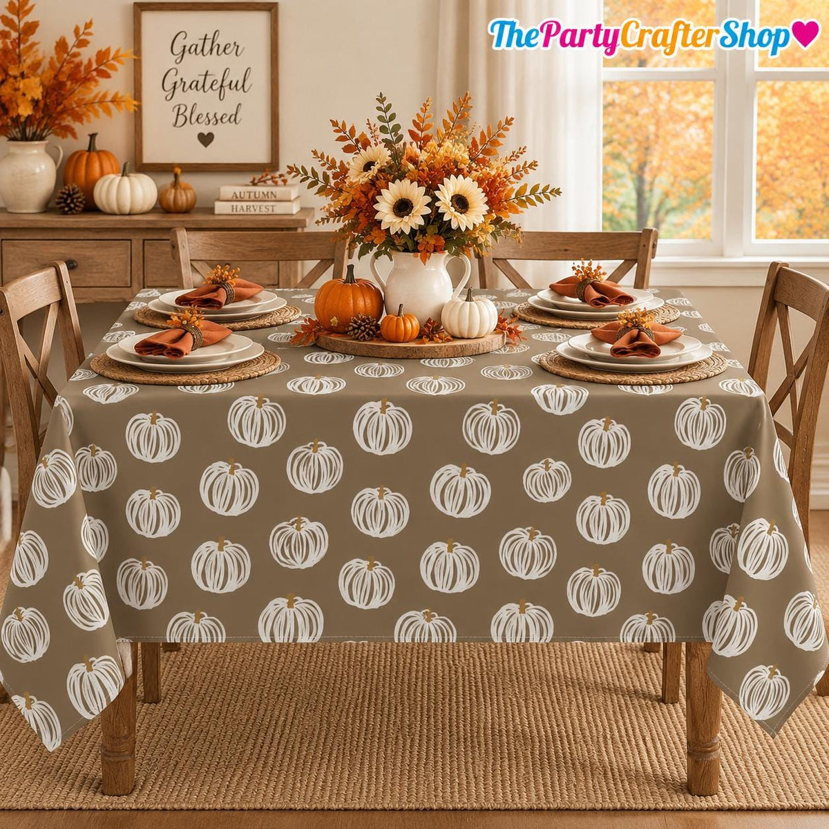Pumpkin Print Tablecloth, Brown White Autumn Harvest Decor (60x84 Inch)