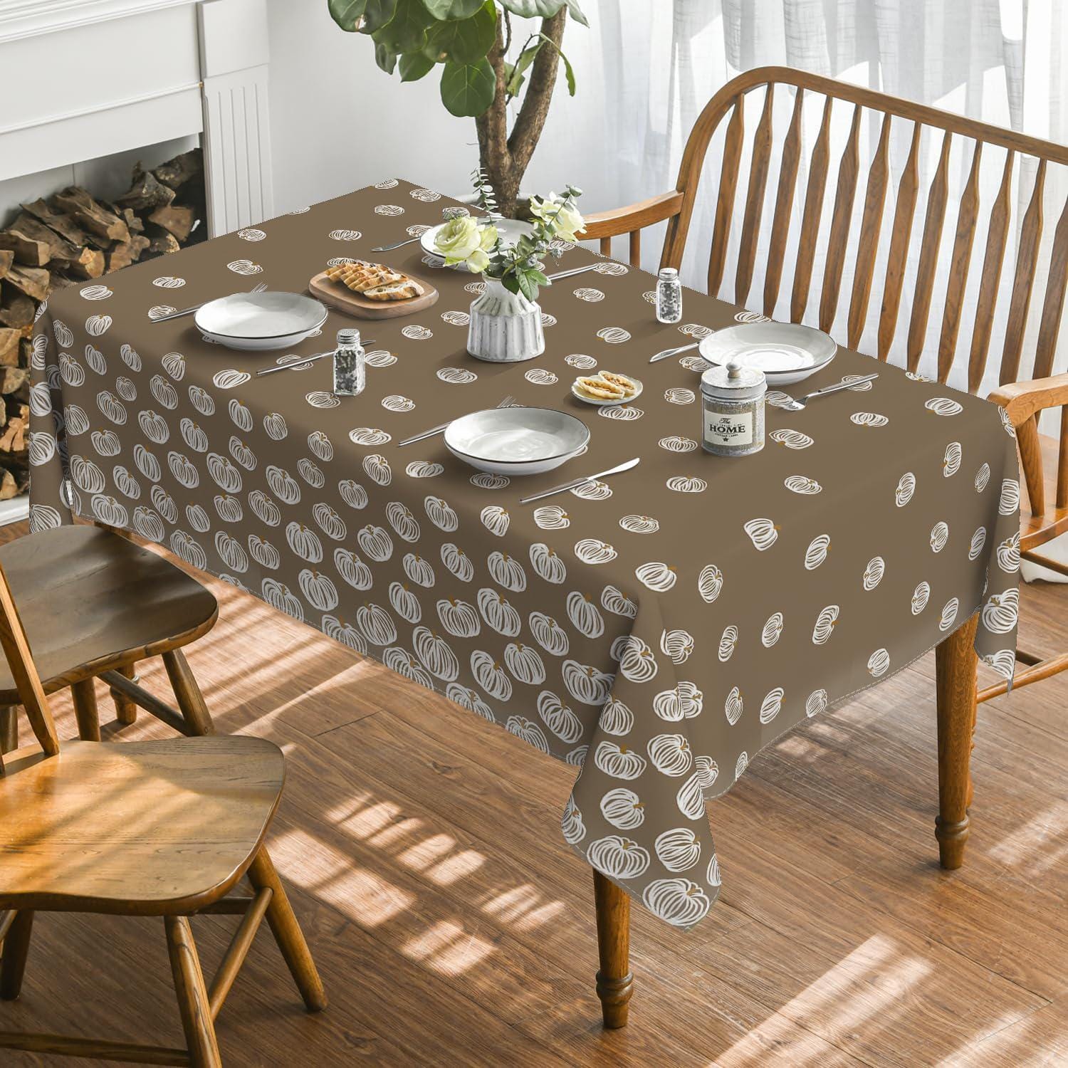 Pumpkin Print Tablecloth, Brown White Autumn Harvest Decor (60x84 Inch)