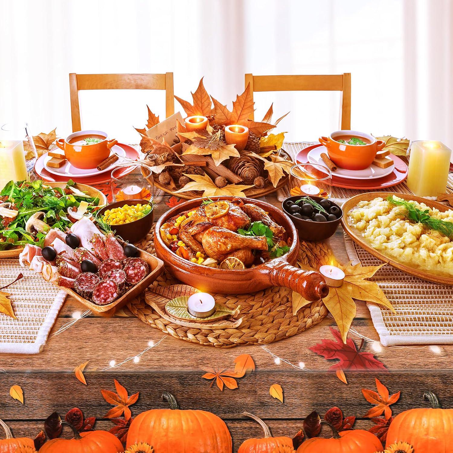 3pc Fall Tablecloth Set, Pumpkin Maple Leaf Covers (54x108 Inch)