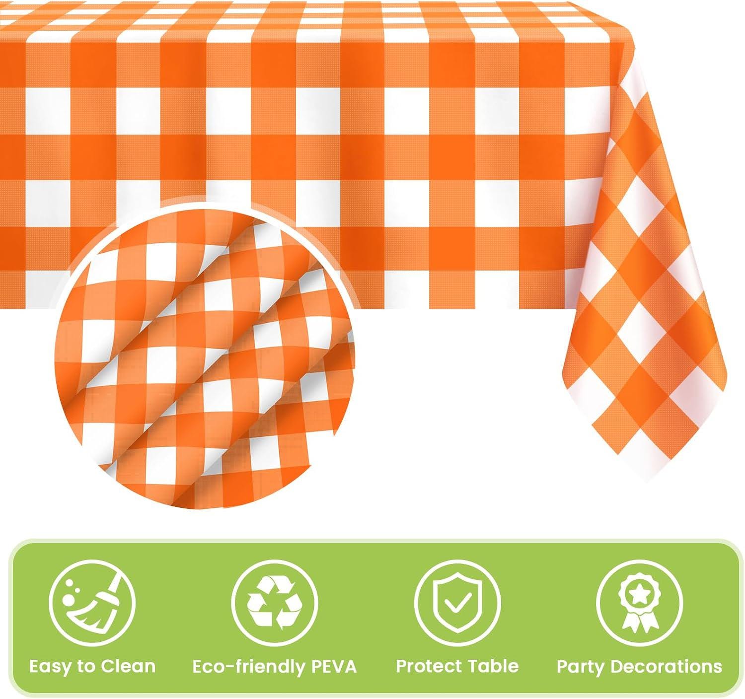 4pc Orange Gingham Tablecloth Set, Fall Plaid PEVA Covers (54x108 Inch)