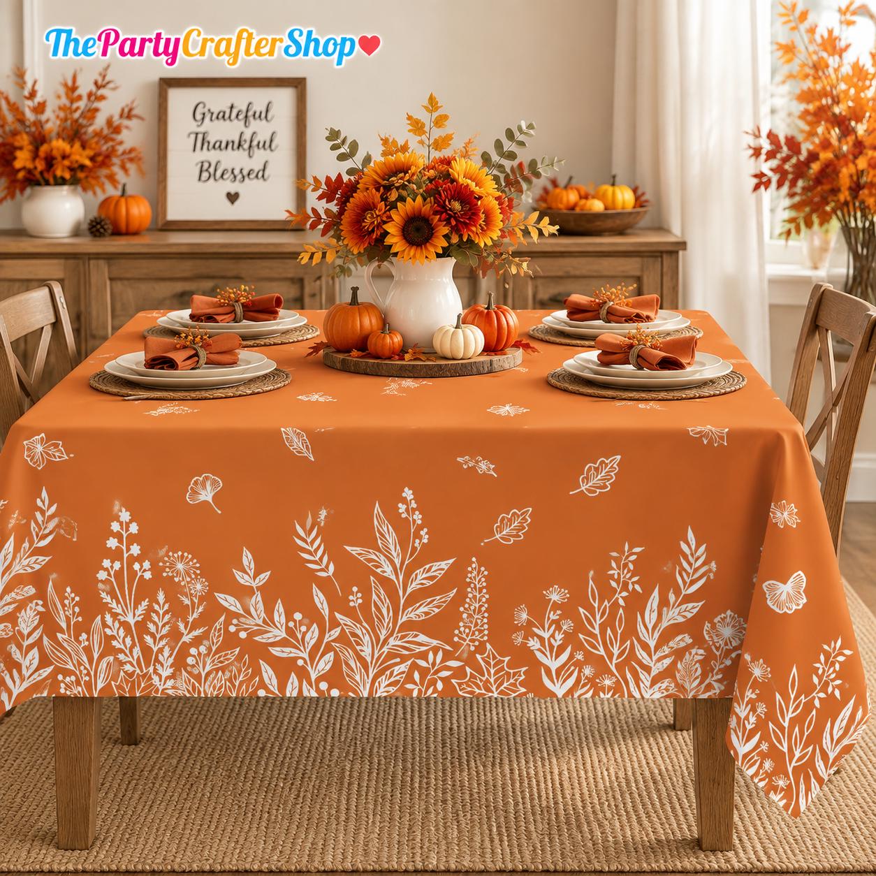 Fall Wildflower Tablecloth, Orange Autumn Leaf Polyester Cover (60x84 Inch)