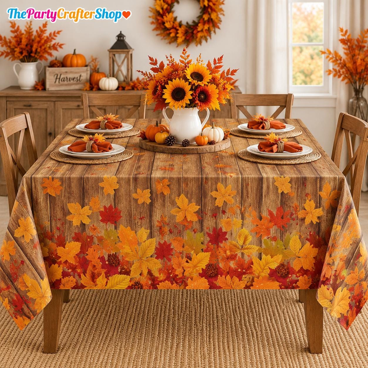 3pc Fall Wood Grain Tablecloth Set, Autumn Leaf Covers (54x108 Inch)